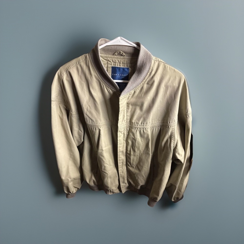 Towncraft Mens Tan Bomber Jacket Medium Harrington Full Zip Vintage 90s Coat